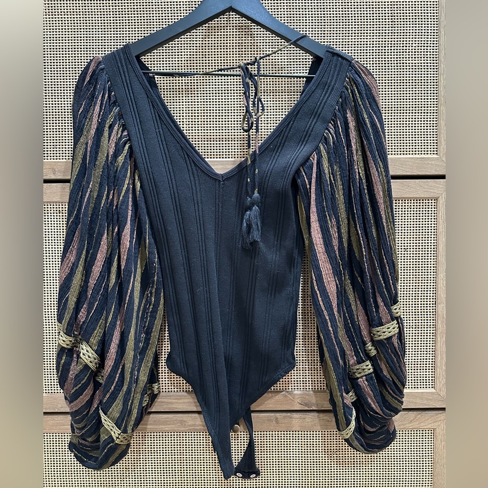 Free People Boho Body Suit with Puff Sleeves